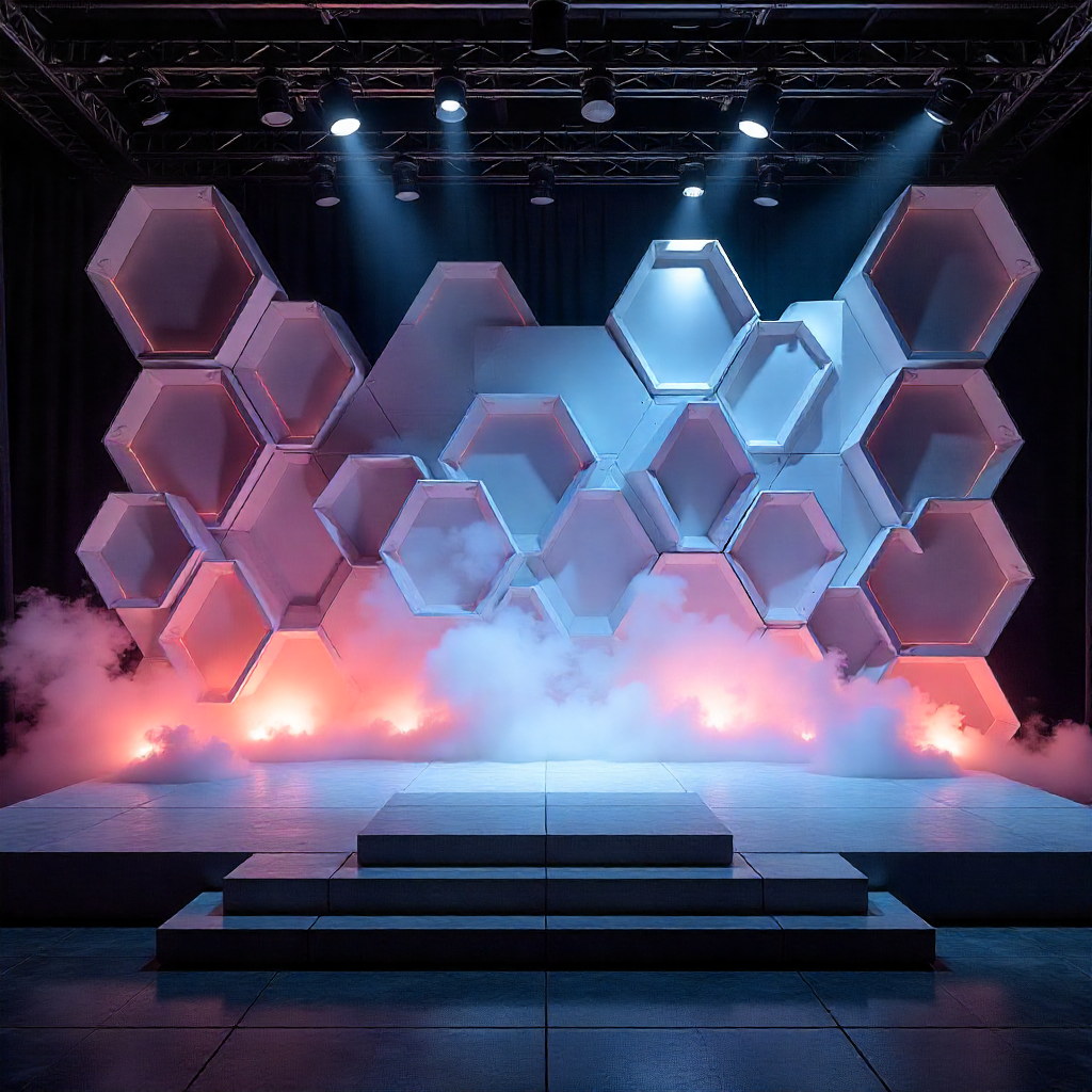 Sunset-inspired event installation with draped fabrics and lighting